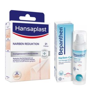 Bepanthen Narben Gel mit Massageroller + Hansaplast Pflaster zur